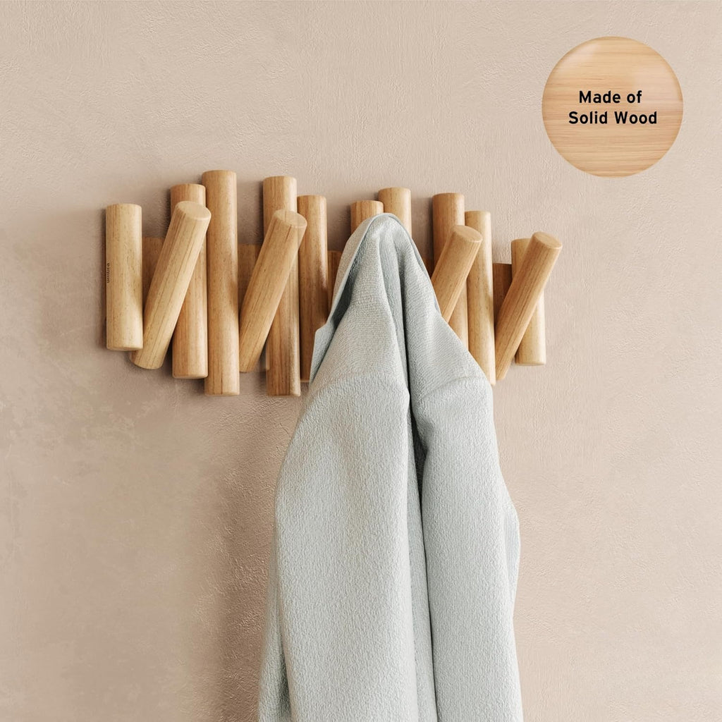 Natural Wood Wall Mount Flip 5 Hooks Coat Rack