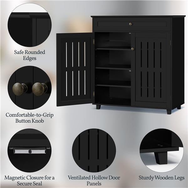 Black 4-Tier Shoe Cabinet With Drawer