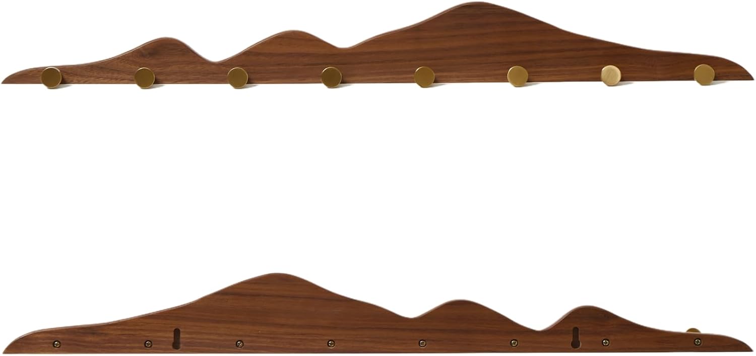 Walnut Wall Coat Rack 8 Brass Hooks