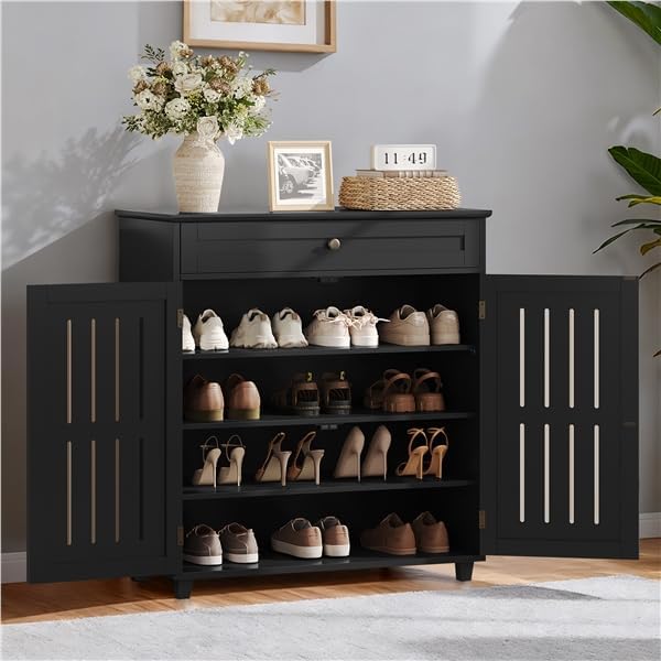 Black 4-Tier Shoe Cabinet With Drawer