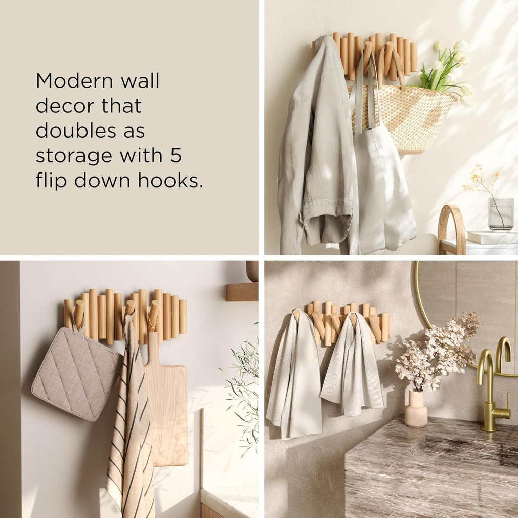 Natural Wood Wall Mount Flip 5 Hooks Coat Rack