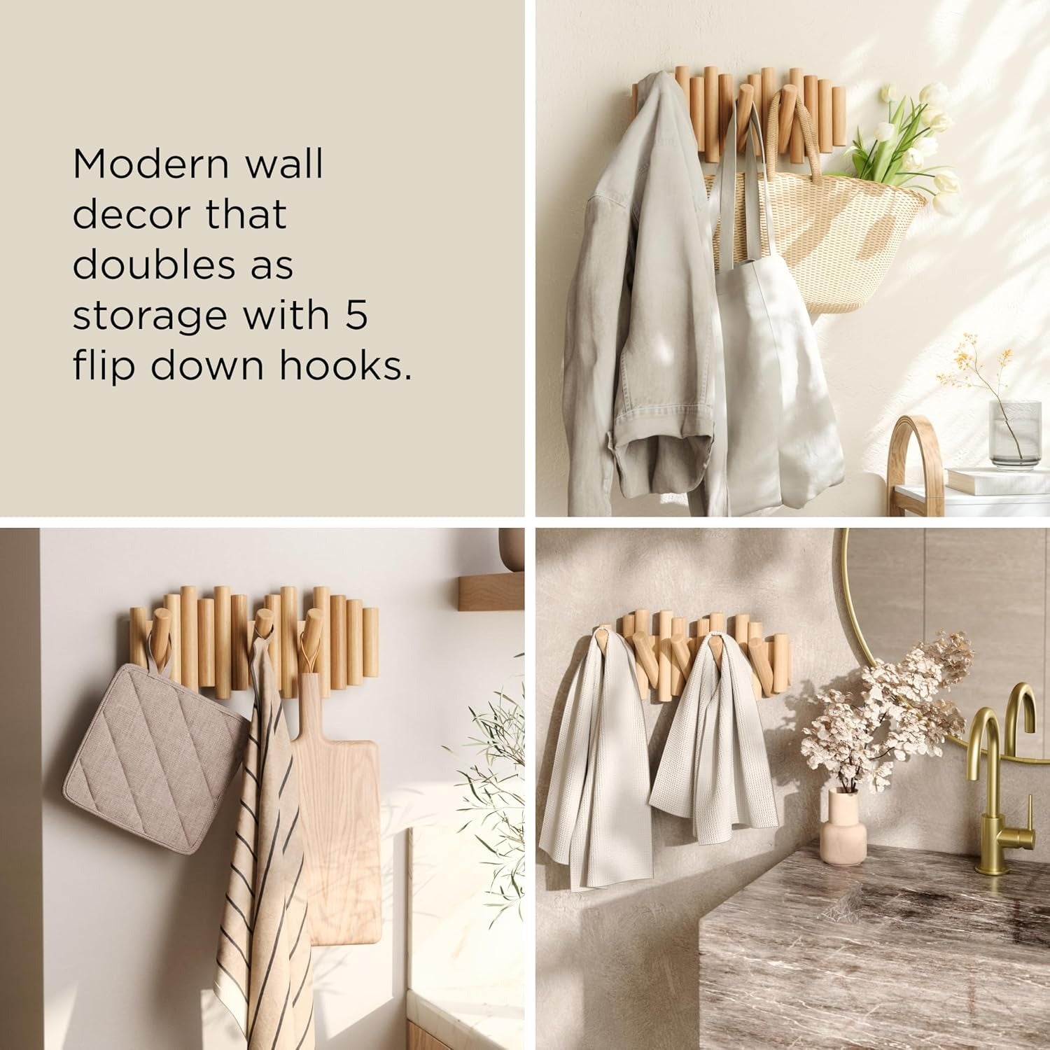 Natural Wood Wall Mount Flip 5 Hooks Coat Rack