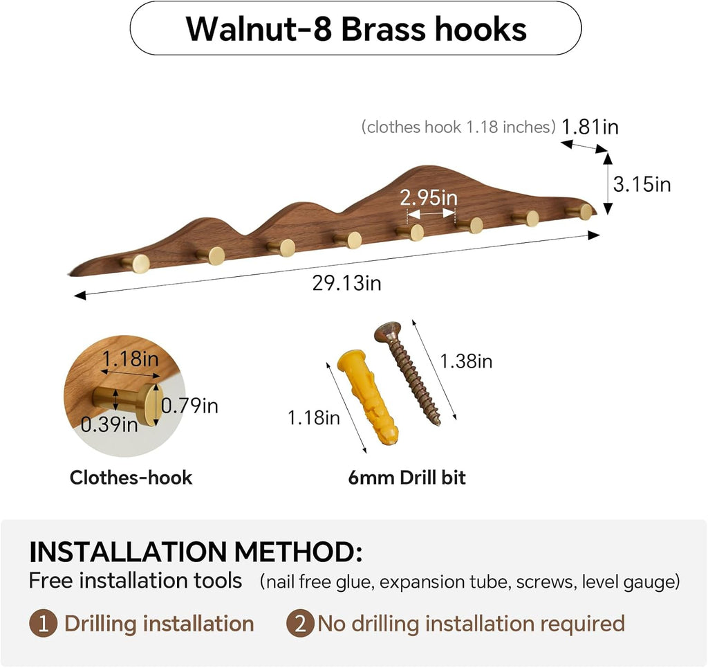 Walnut Wall Coat Rack 8 Brass Hooks