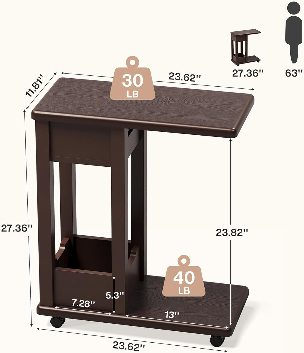 Walnut 2-Tier Rolling C Side Table 2PCS
