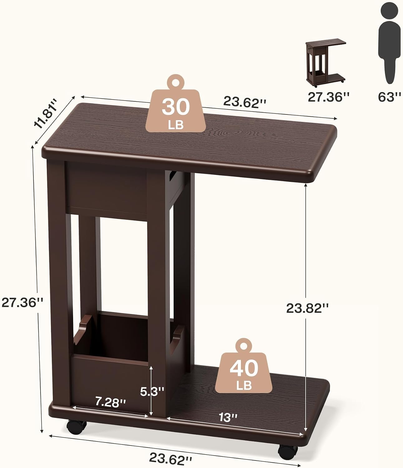 Walnut 2-Tier Rolling C Side Table 2PCS