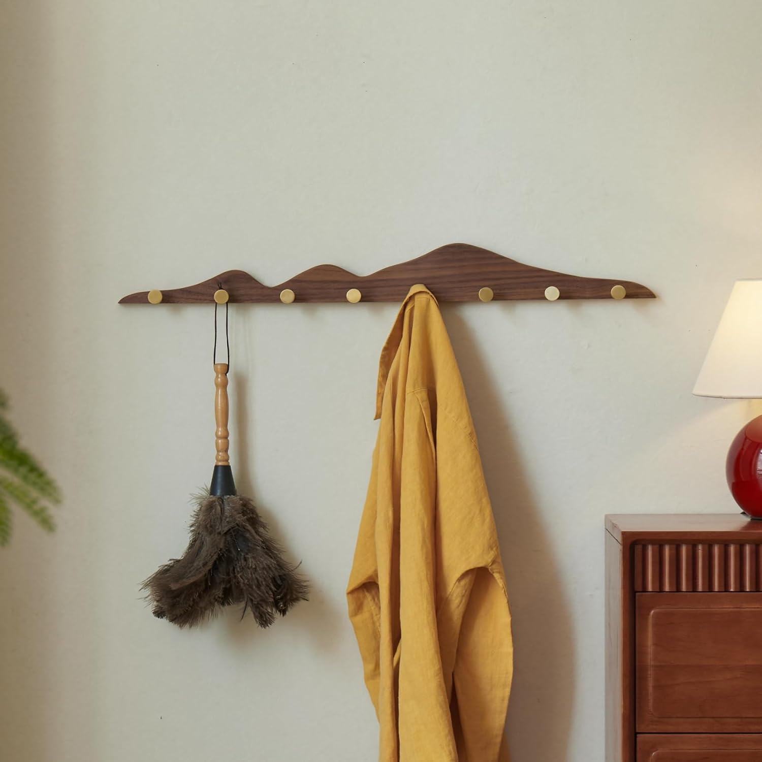 Walnut Wall Coat Rack 8 Brass Hooks