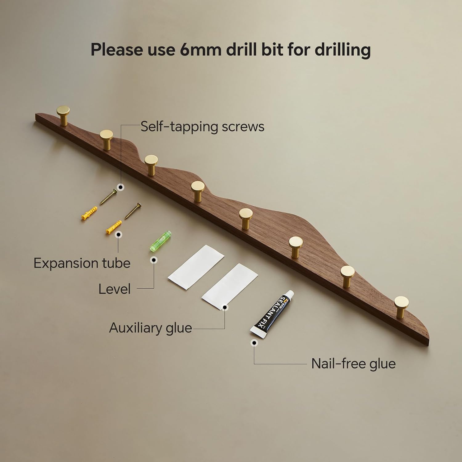 Walnut Wall Coat Rack 8 Brass Hooks