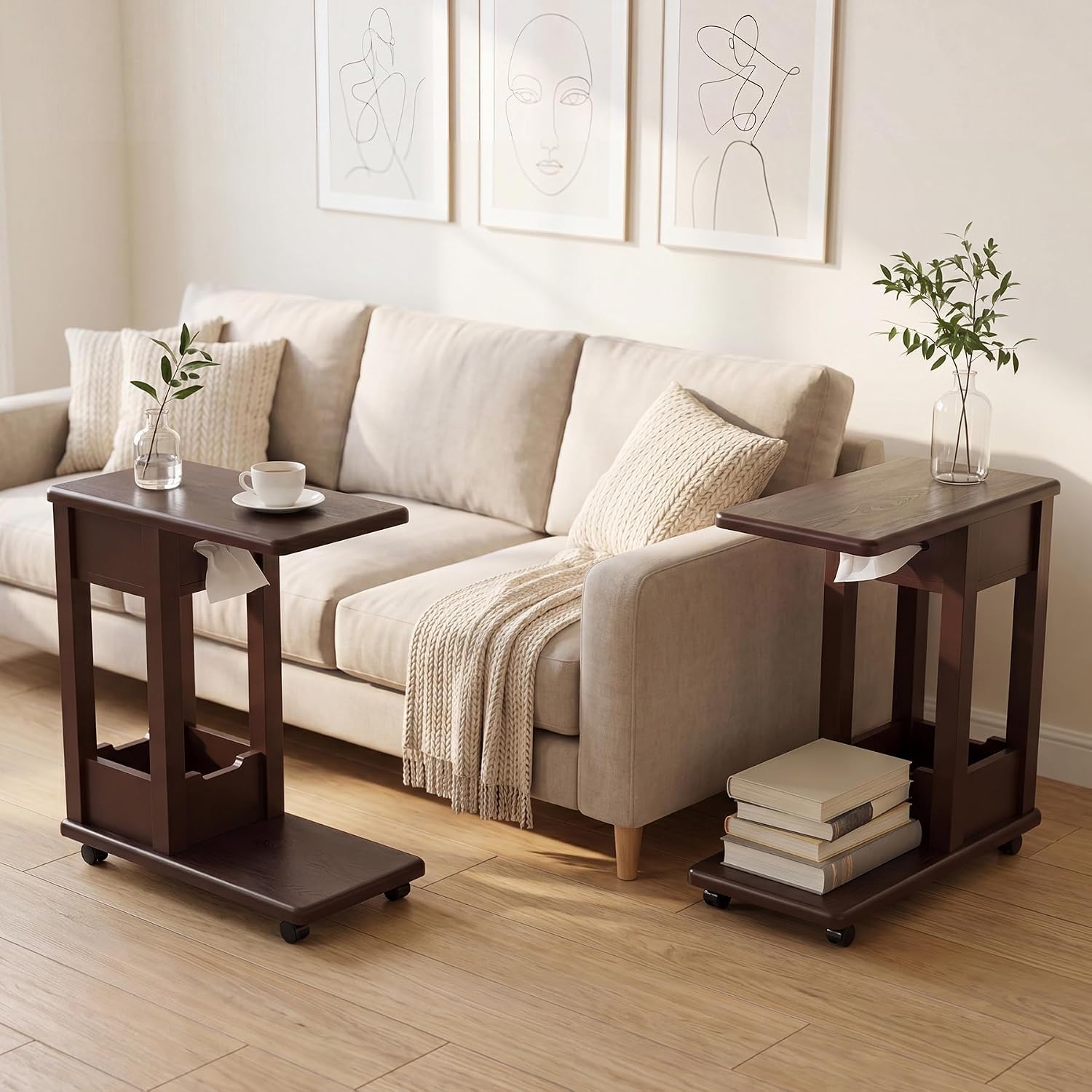 Walnut 2-Tier Rolling C Side Table 2PCS
