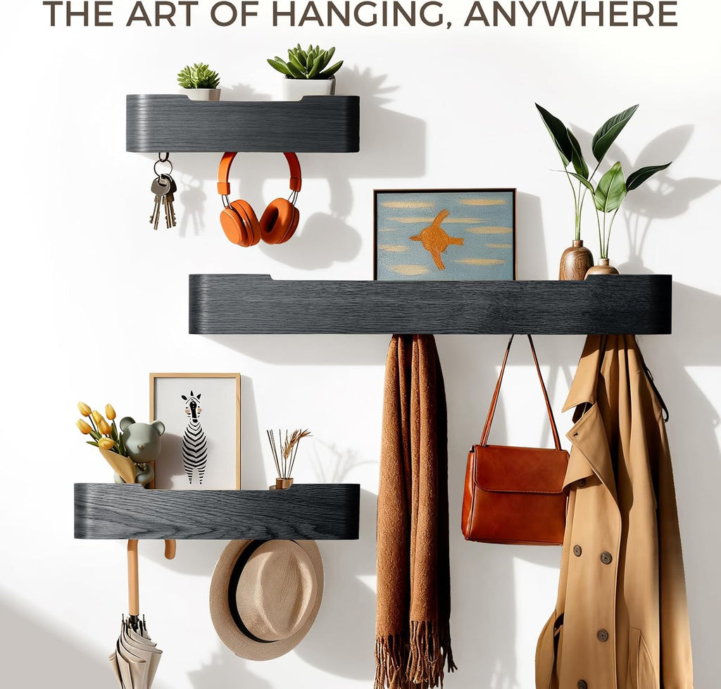 Black Wall Coat Rack with Shelf & 8 Hidden Hooks