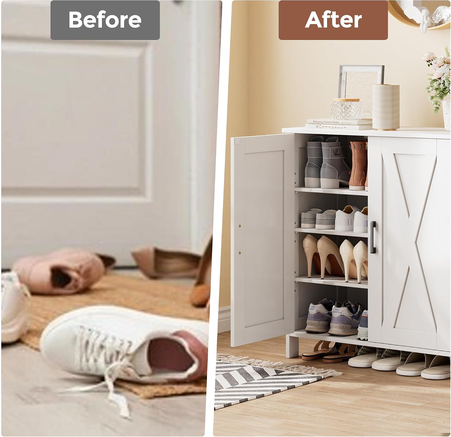 White Farmhouse 2 Barn Doors Shoe Cabinet