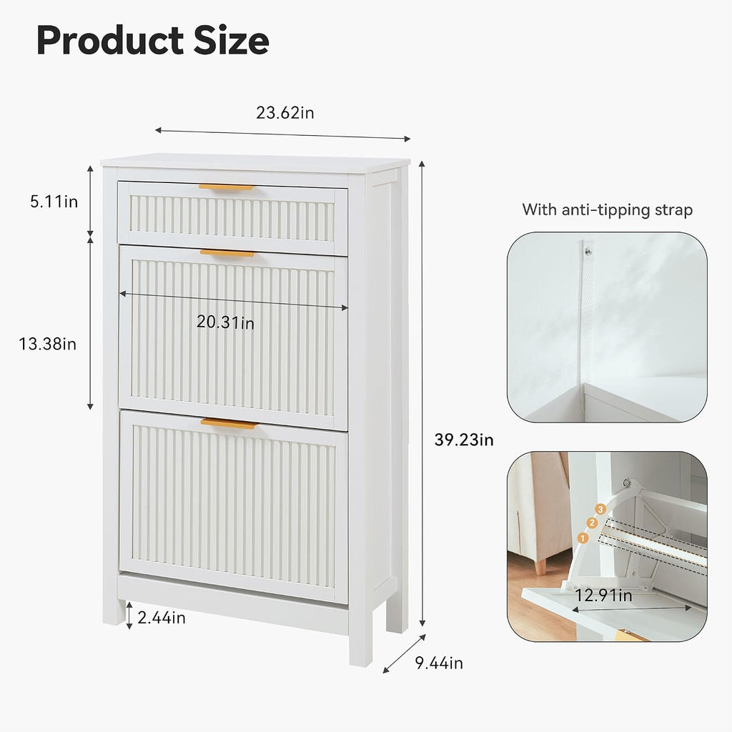 White Narrow 2 Flip Drawers Shoe Cabinet