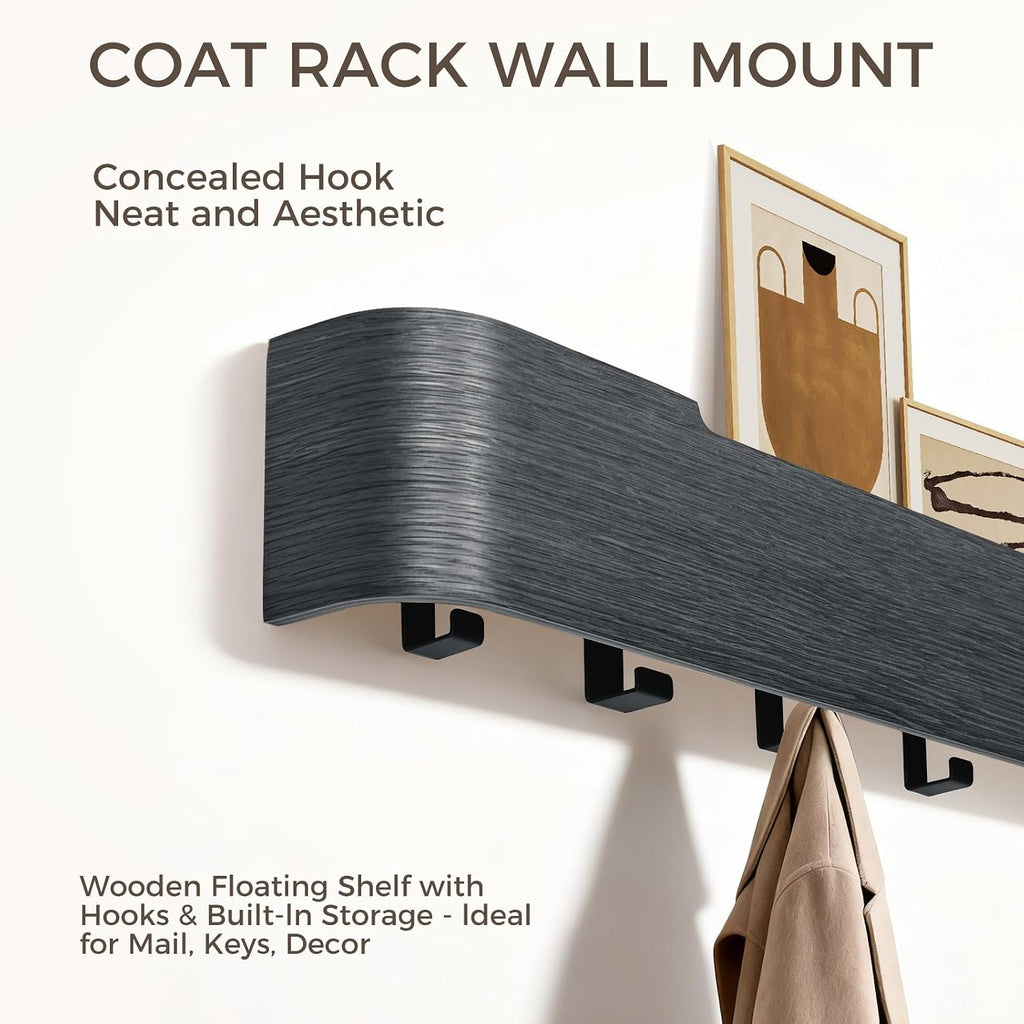 Black Wall Coat Rack with Shelf & 8 Hidden Hooks