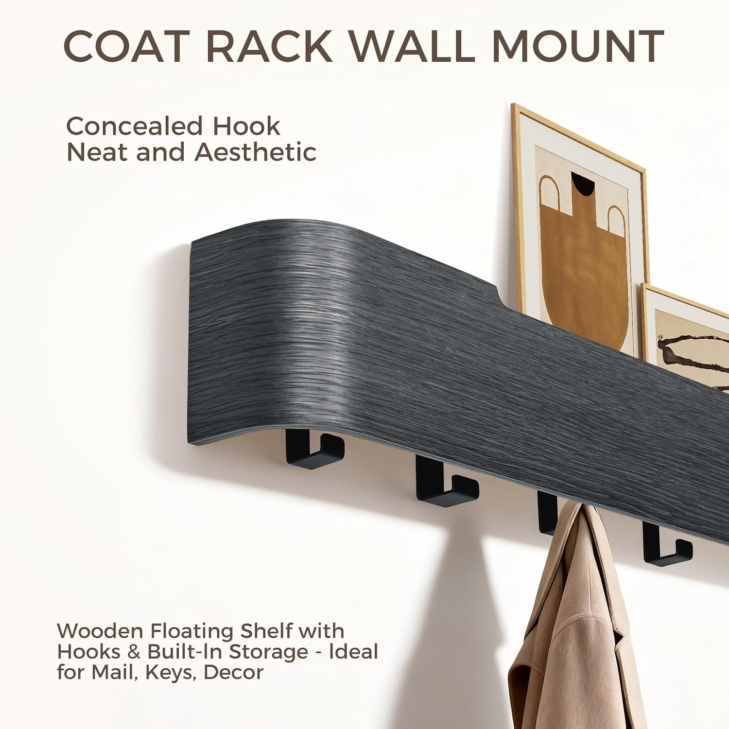 Black Wall Coat Rack with Shelf & 8 Hidden Hooks