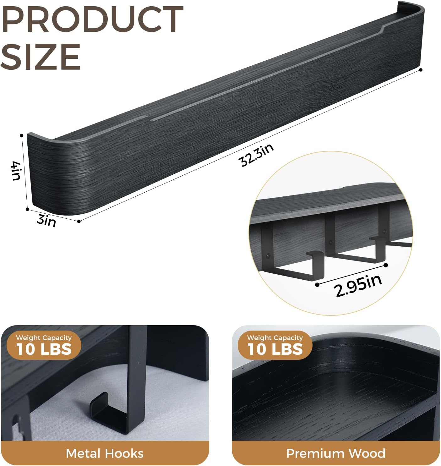Black Wall Coat Rack with Shelf & 8 Hidden Hooks