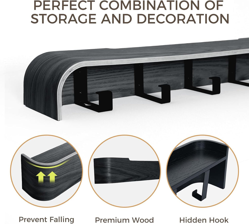 Black Wall Coat Rack with Shelf & 8 Hidden Hooks