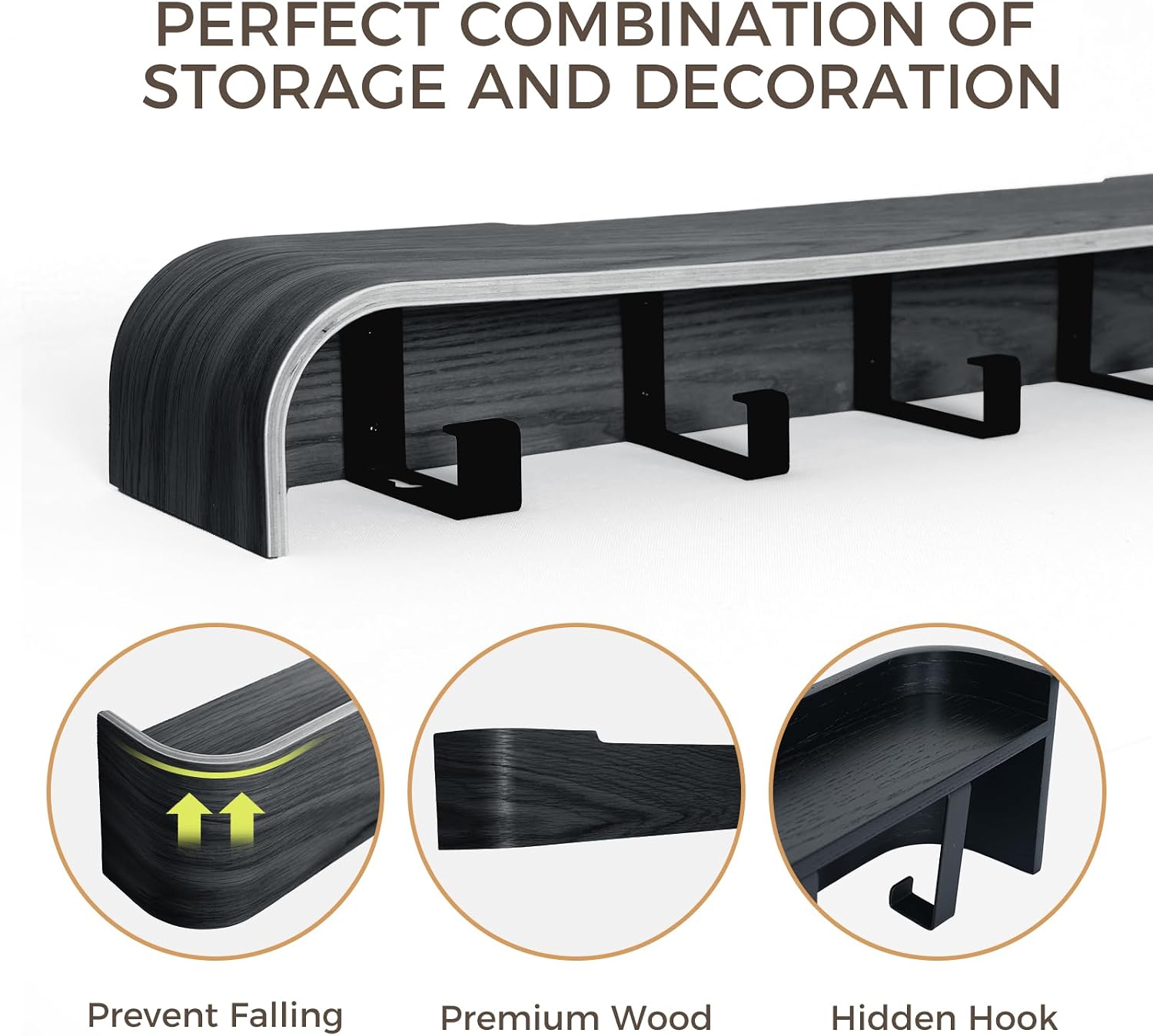 Black Wall Coat Rack with Shelf & 8 Hidden Hooks