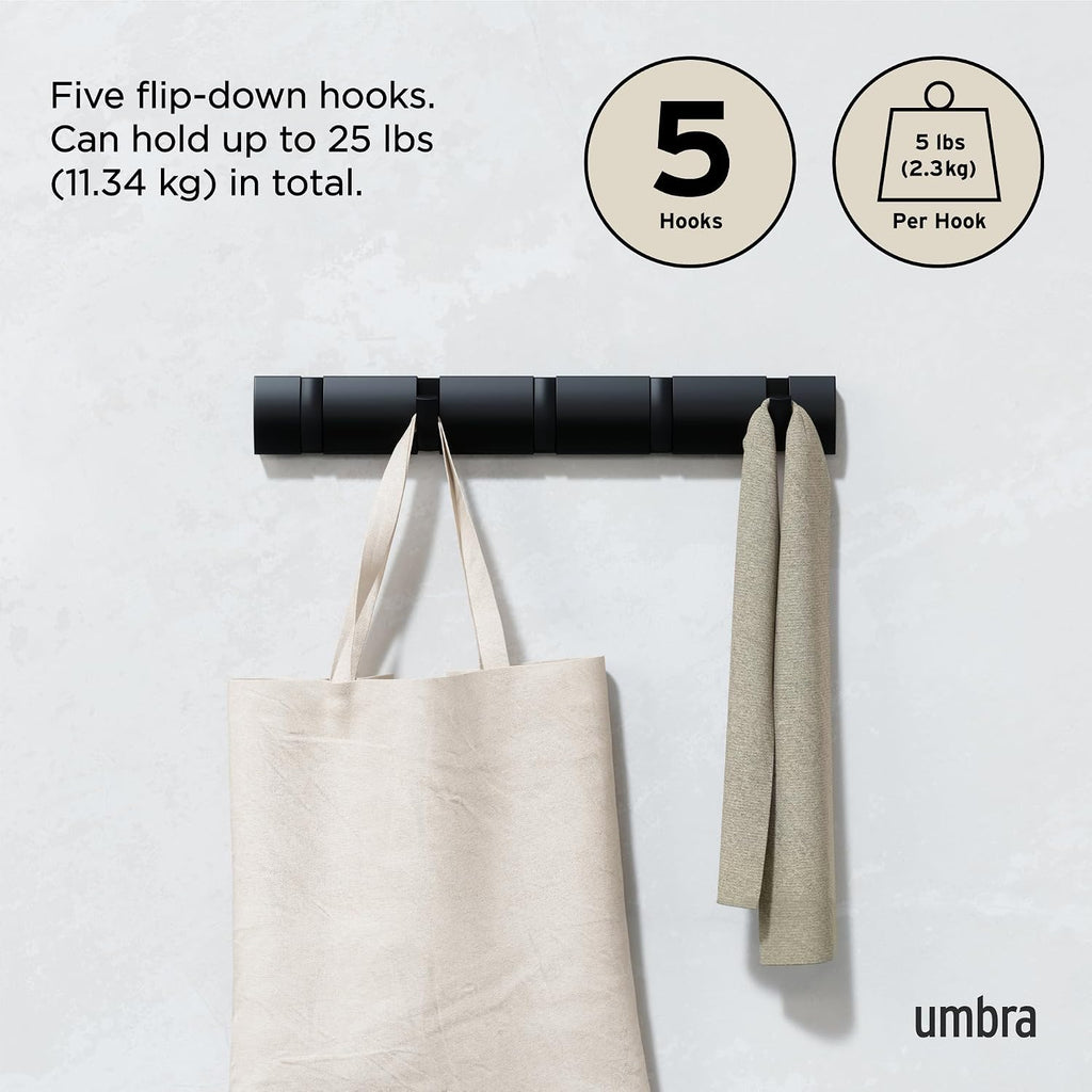 Black Flip Wall Mount Coat Rack 5 Hooks
