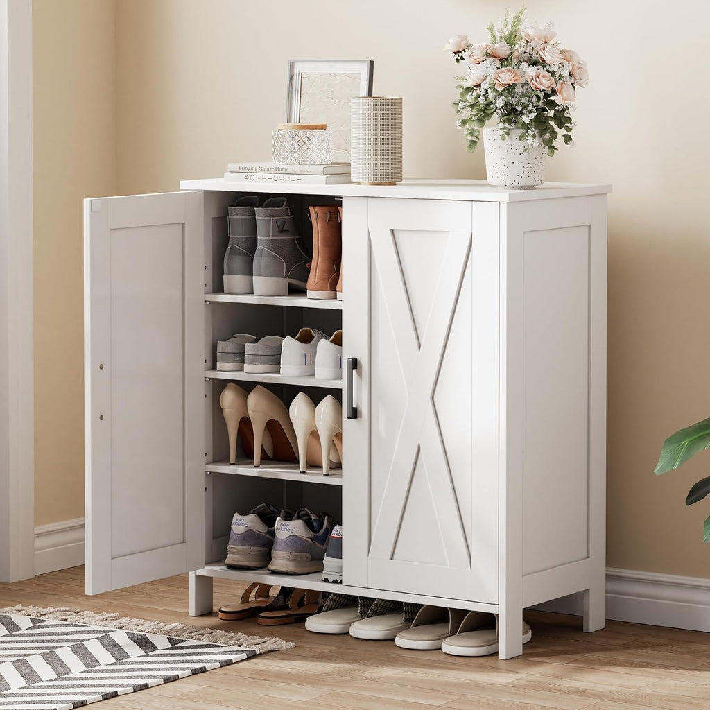 White Farmhouse 2 Barn Doors Shoe Cabinet