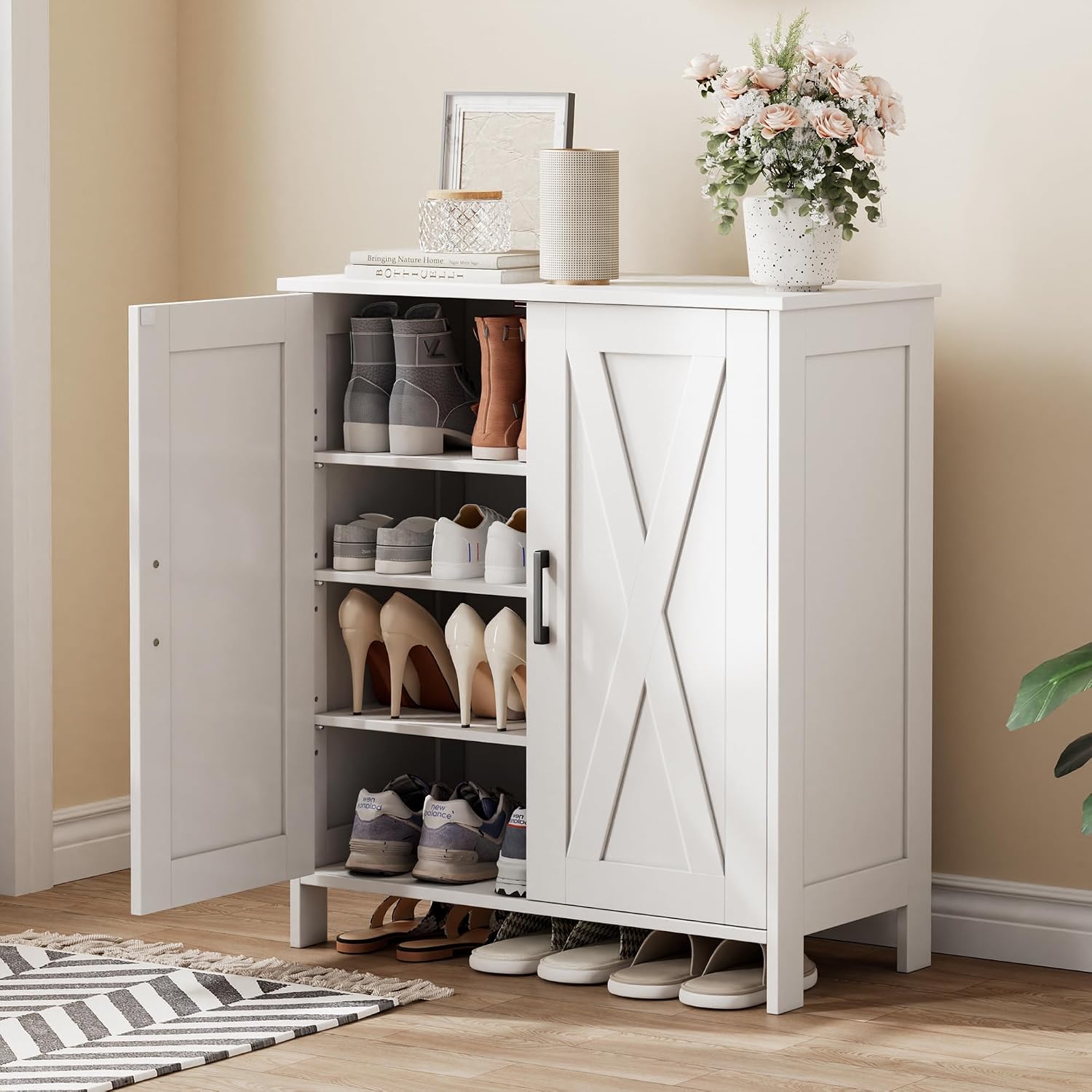White Farmhouse 2 Barn Doors Shoe Cabinet