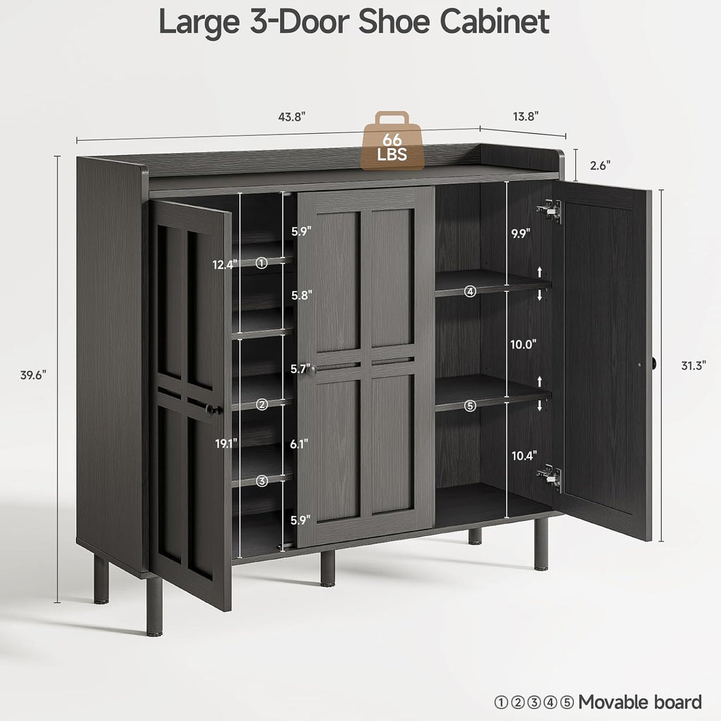 Black 3-Door Tall Farmhouse Shoe Storage Cabinet