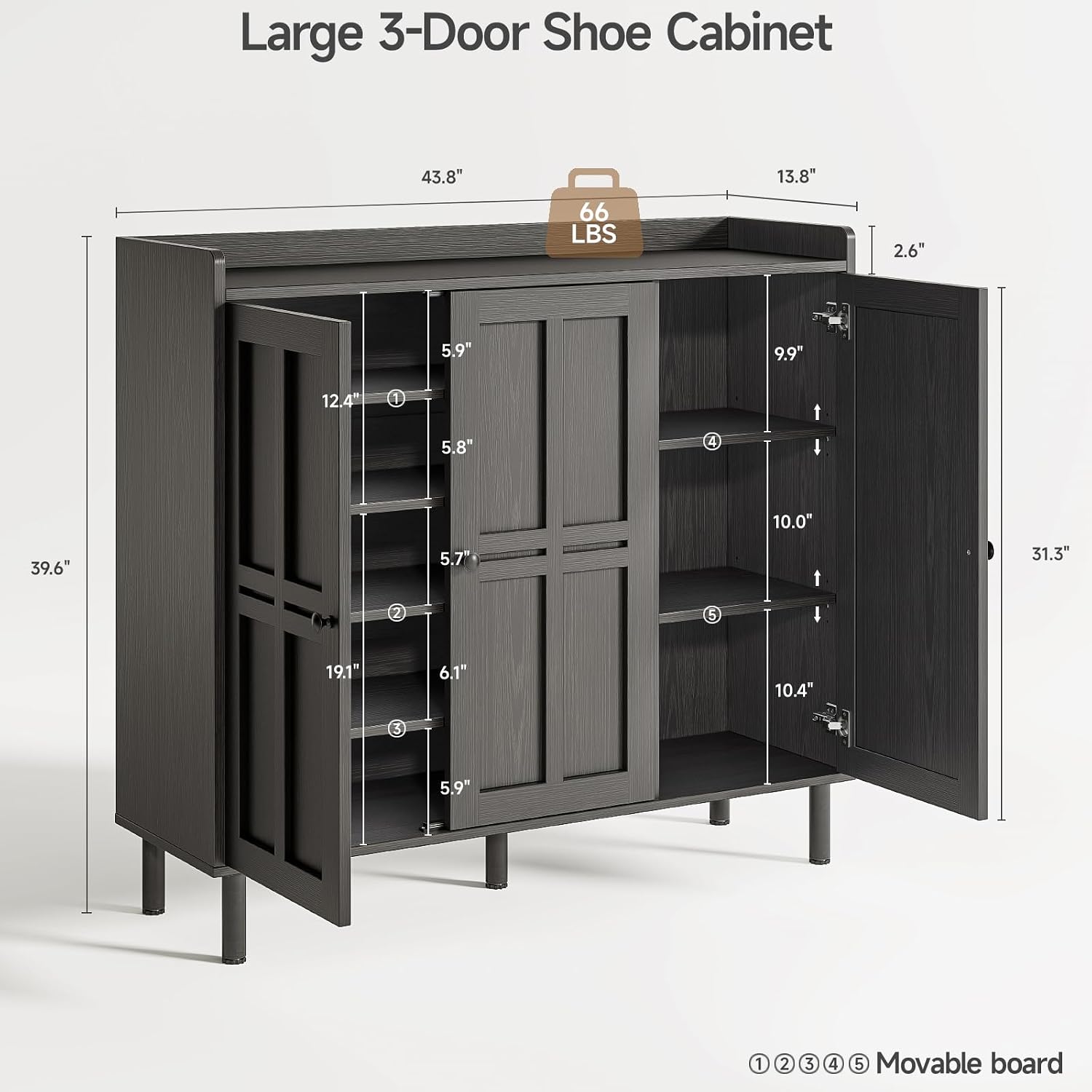 Black 3-Door Tall Farmhouse Shoe Storage Cabinet