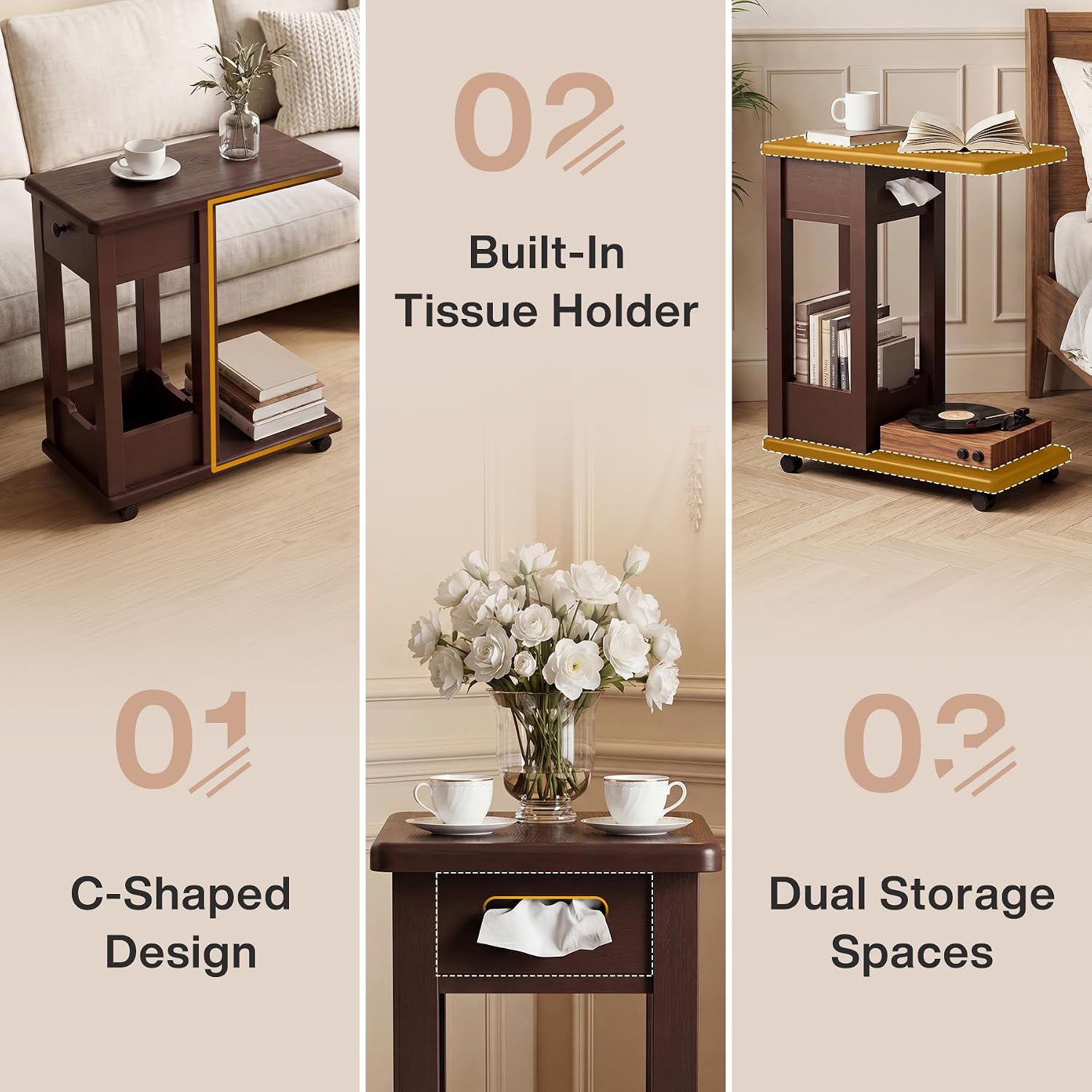 Walnut 2-Tier Rolling C Side Table 2PCS