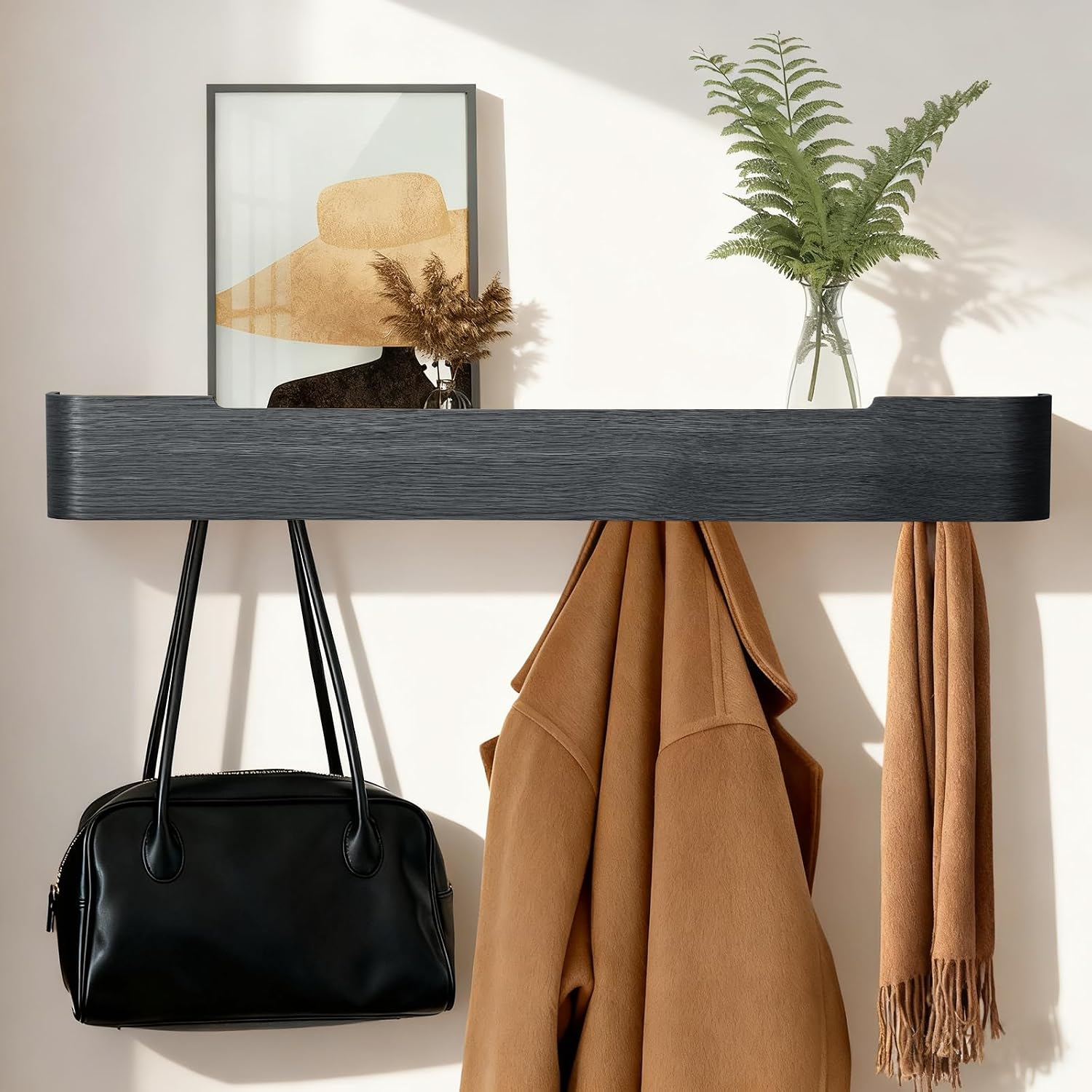 Black Wall Coat Rack with Shelf & 8 Hidden Hooks