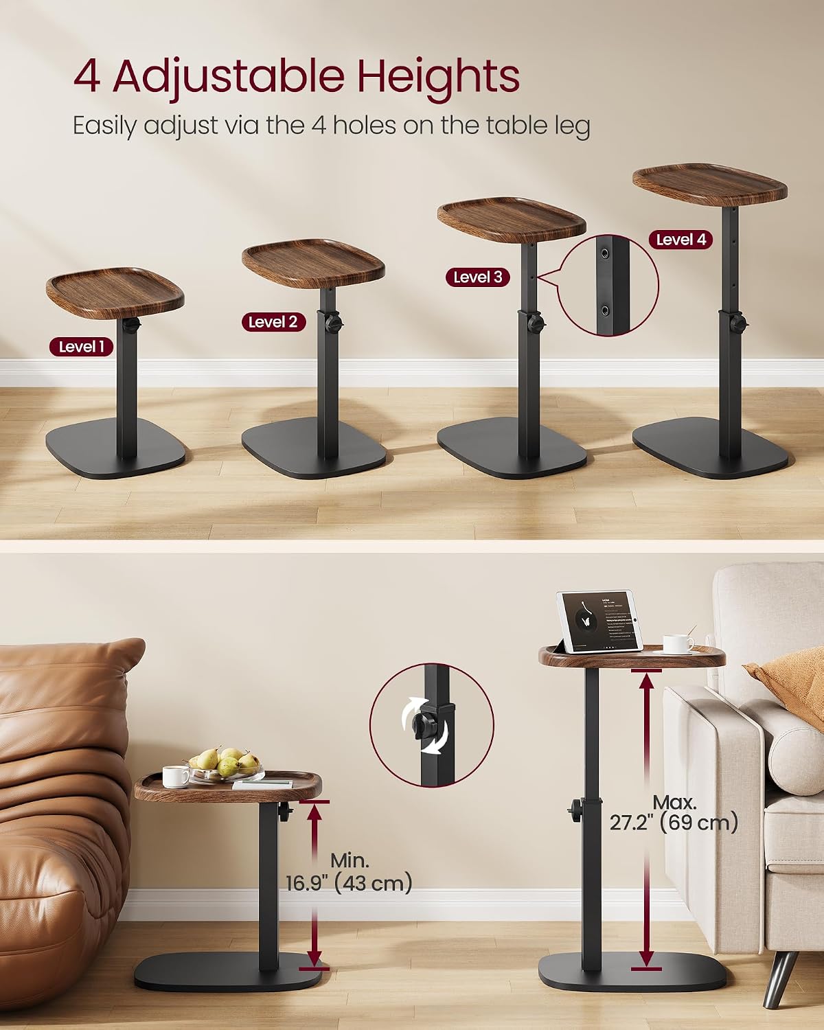 Adjustable C Sofa Side Table Walnut Black