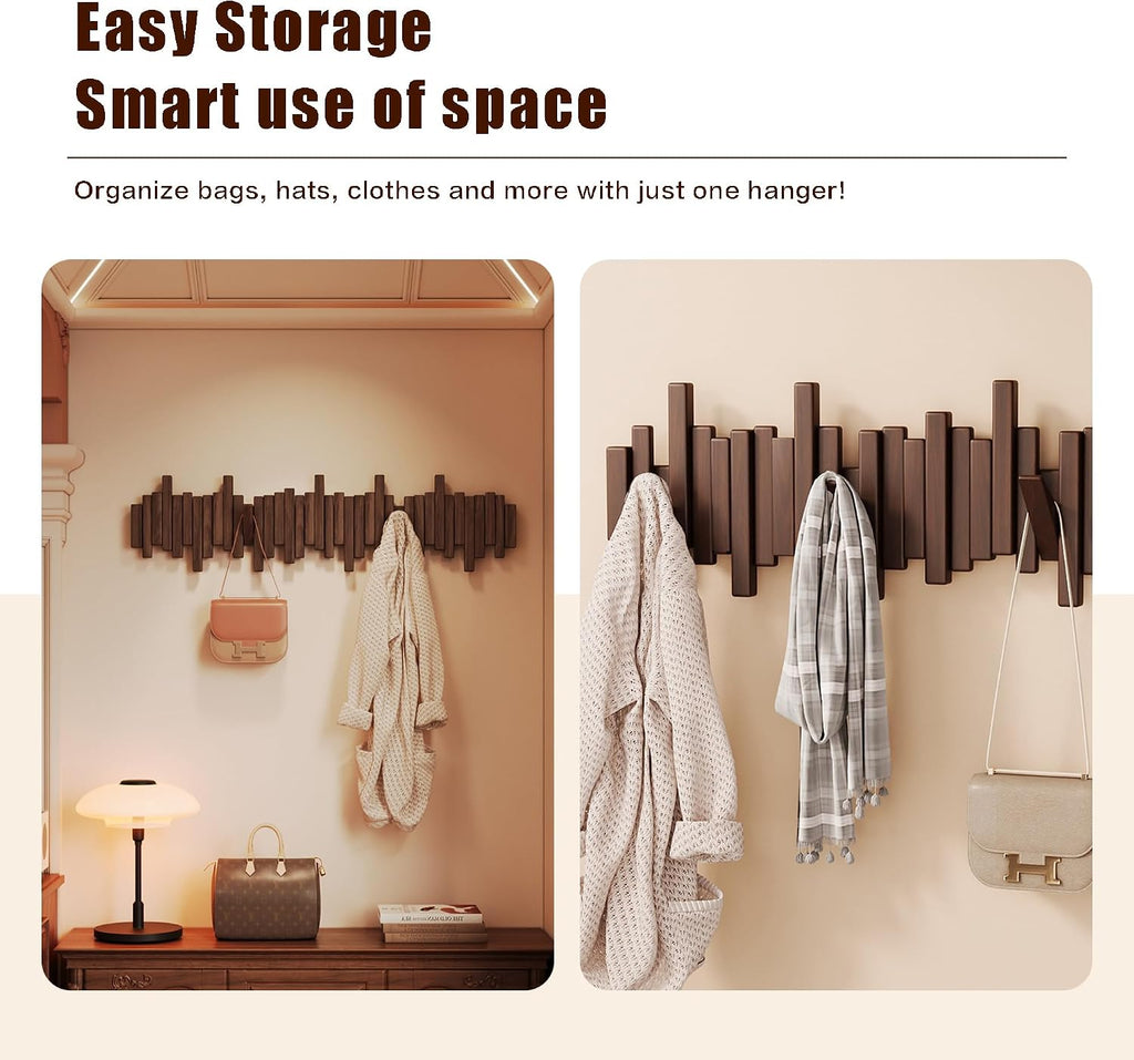 Walnut Wall Mount Coat Rack 6 Hooks