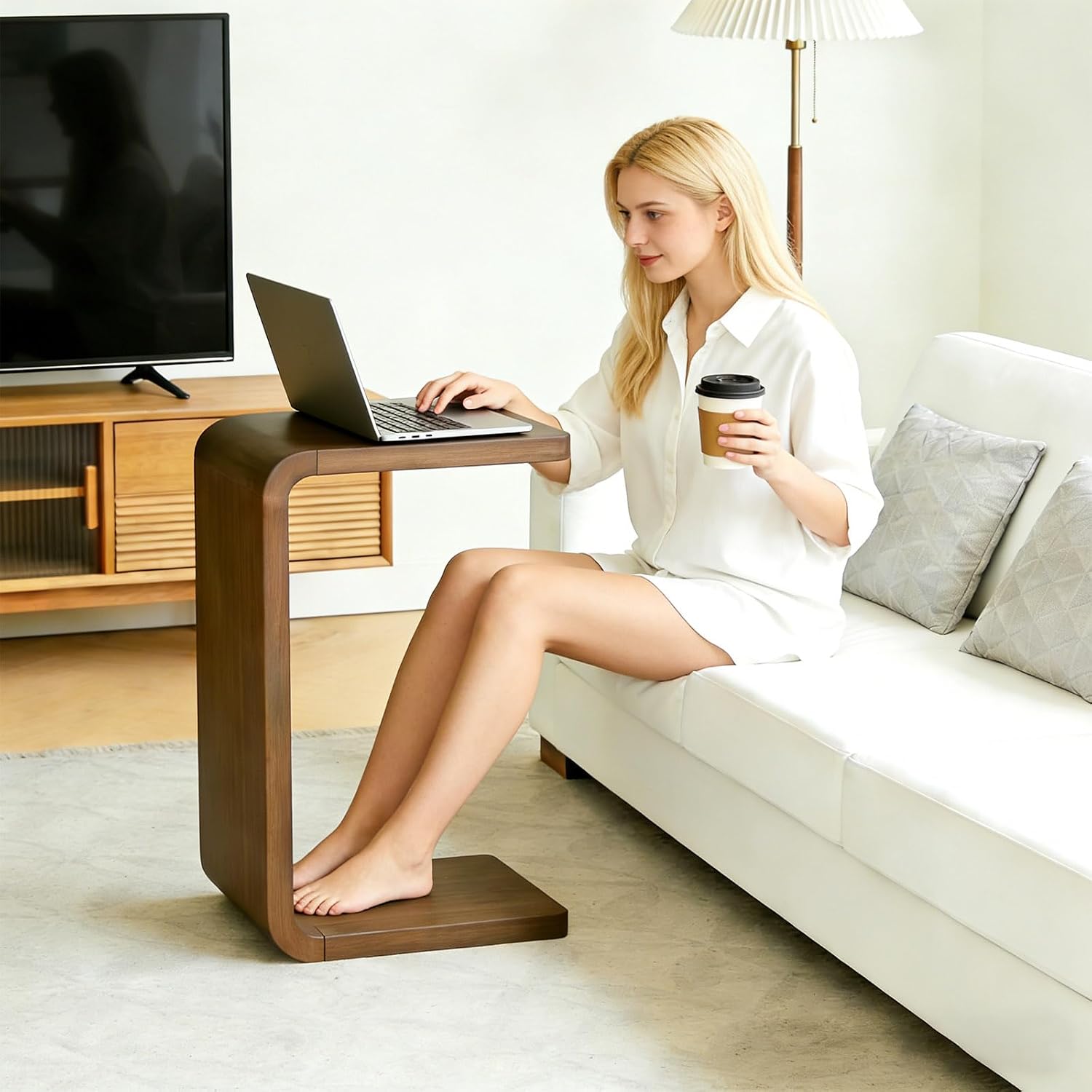 Walnut Wooden C Shaped Side Table