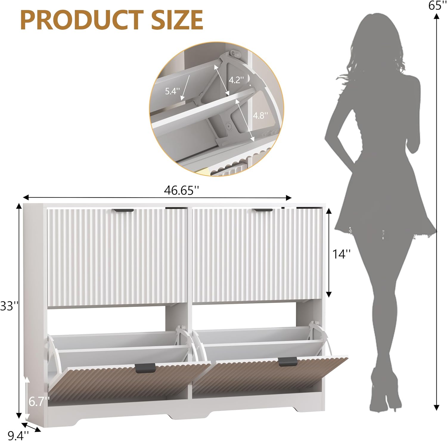 White Fluted 4 Flip Drawers Narrow Shoe Cabinet