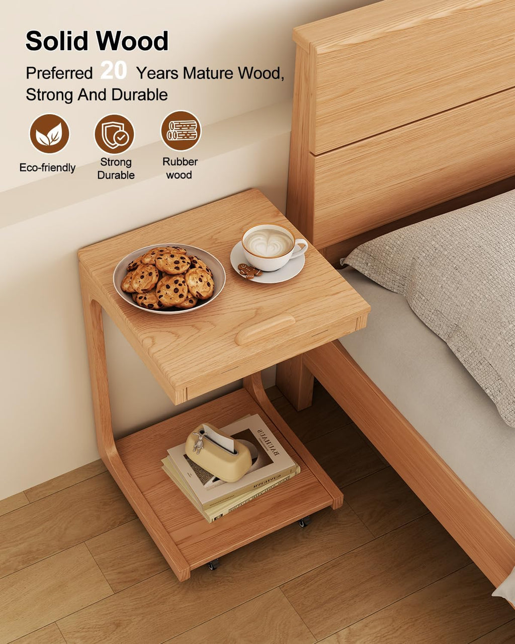 Natural Wood Rolling Adjustable C Side Table