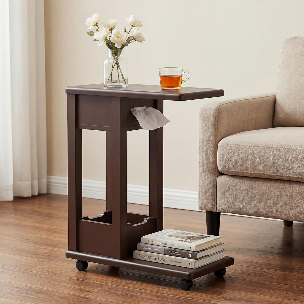 Walnut 2-Tier Rolling C Side Table 2PCS