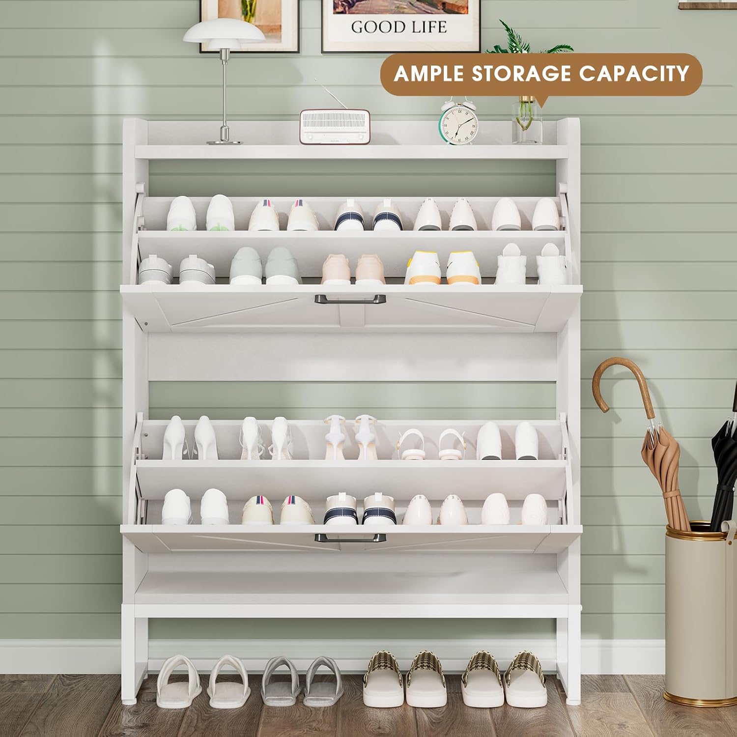 White Narrow 2 Flip Drawers Shoe Cabinet