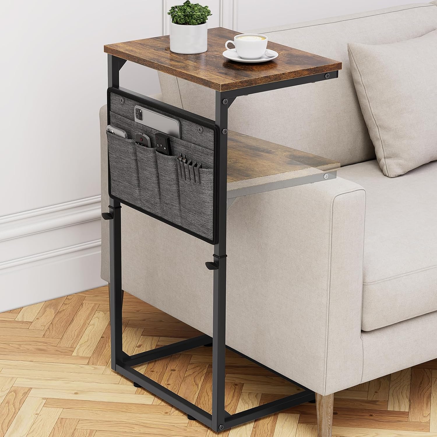 Rustic Brown Black Metal Adjustable C Side Table