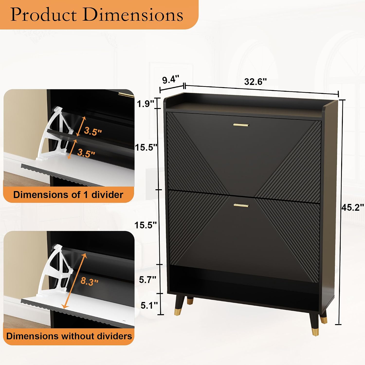 Black 32 Inch Narrow Flip Drawer Shoe Cabinet