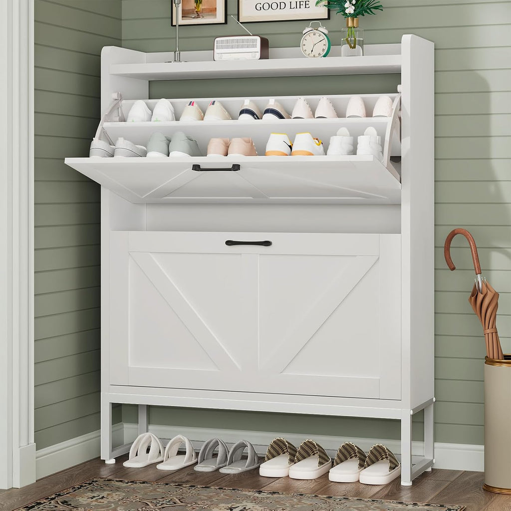 White Narrow 2 Flip Drawers Shoe Cabinet