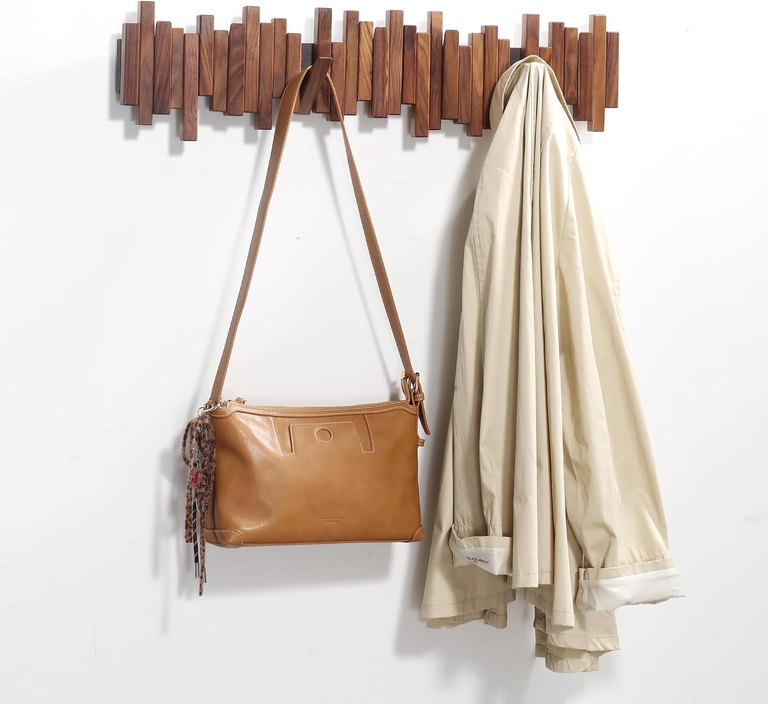 Walnut Wall Mount Coat Rack 6 Hooks