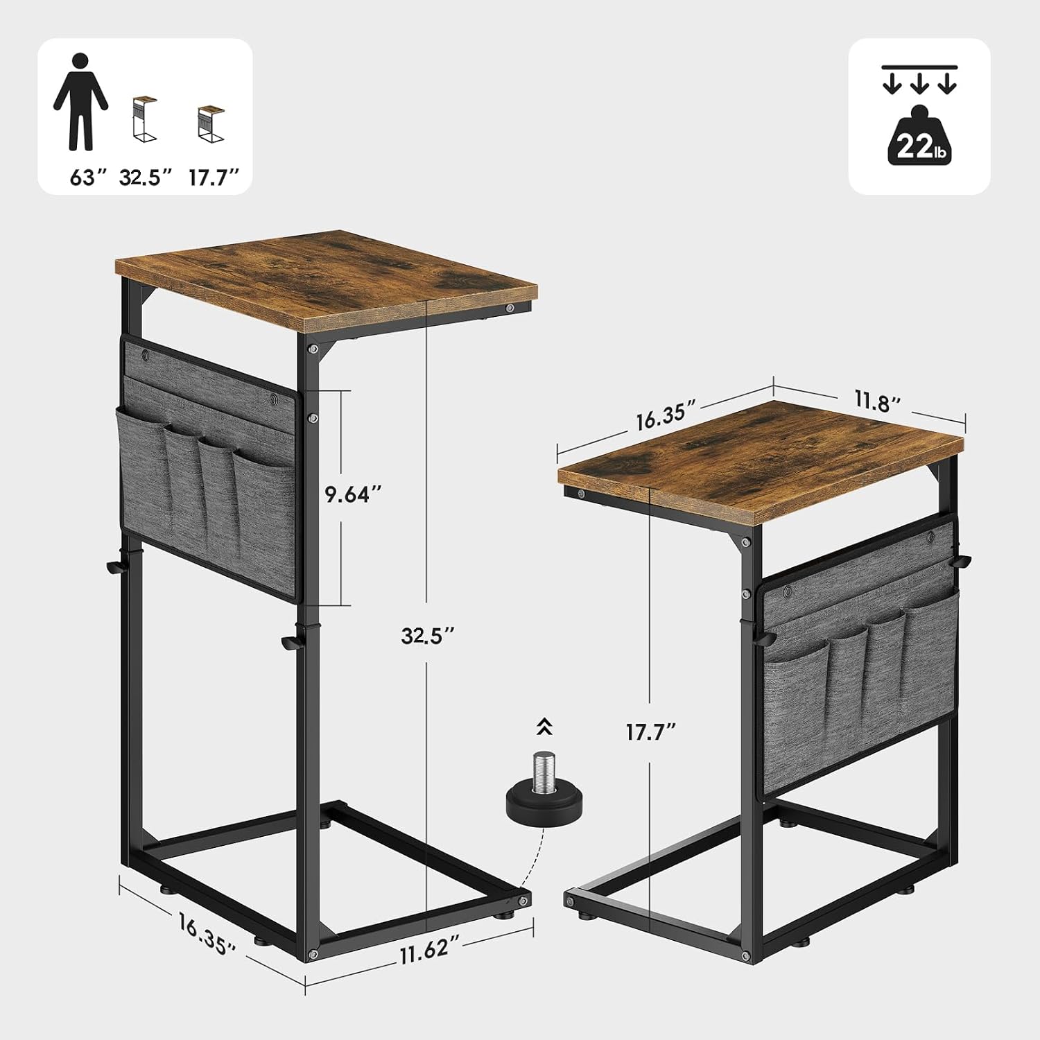 Rustic Brown Black Metal Adjustable C Side Table