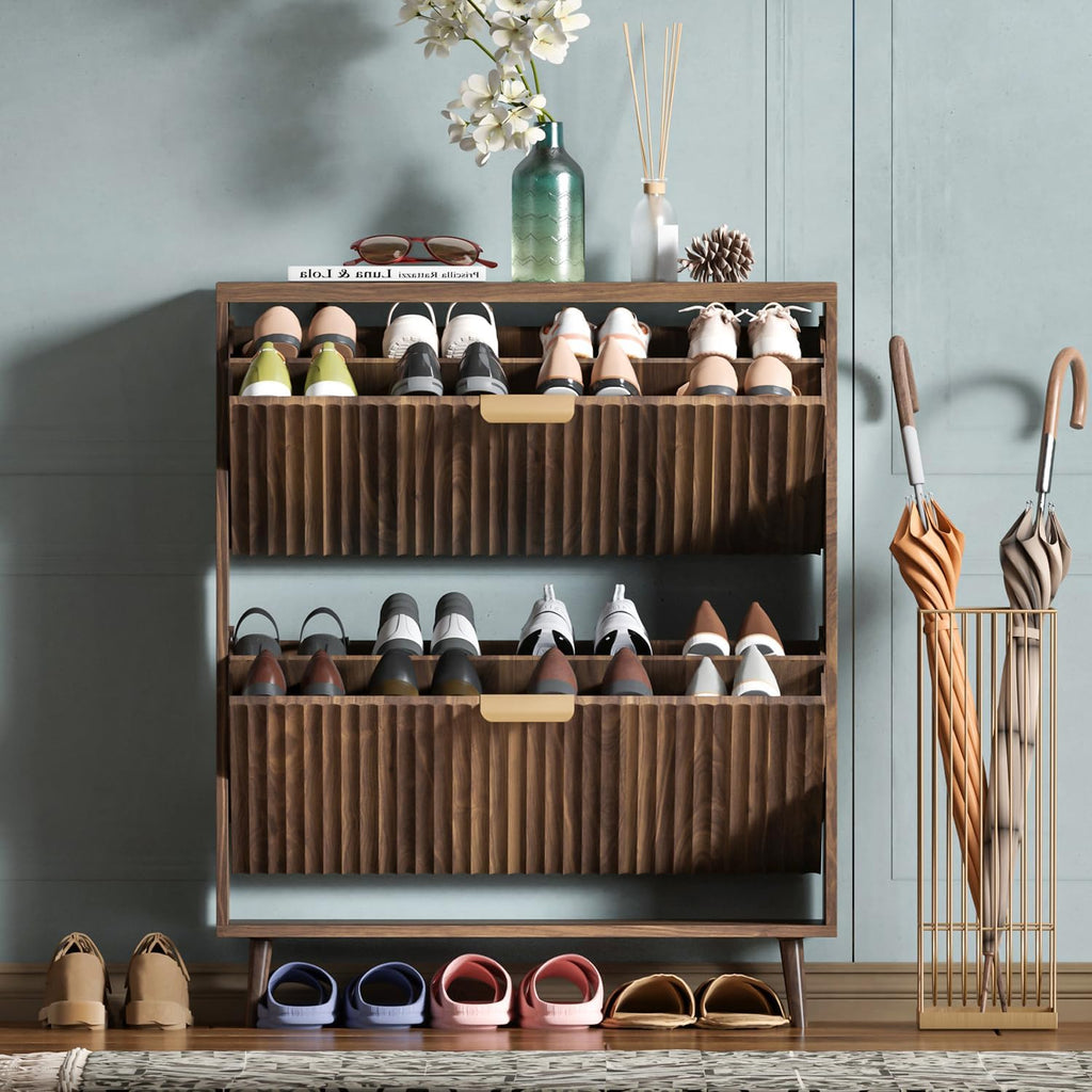 Walnut Flip Drawer Narrow Shoe Cabinet