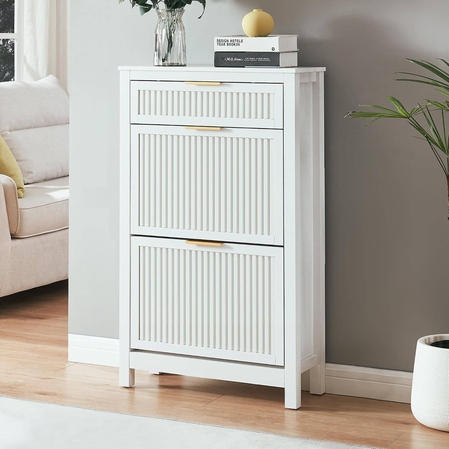 White Narrow 2 Flip Drawers Shoe Cabinet