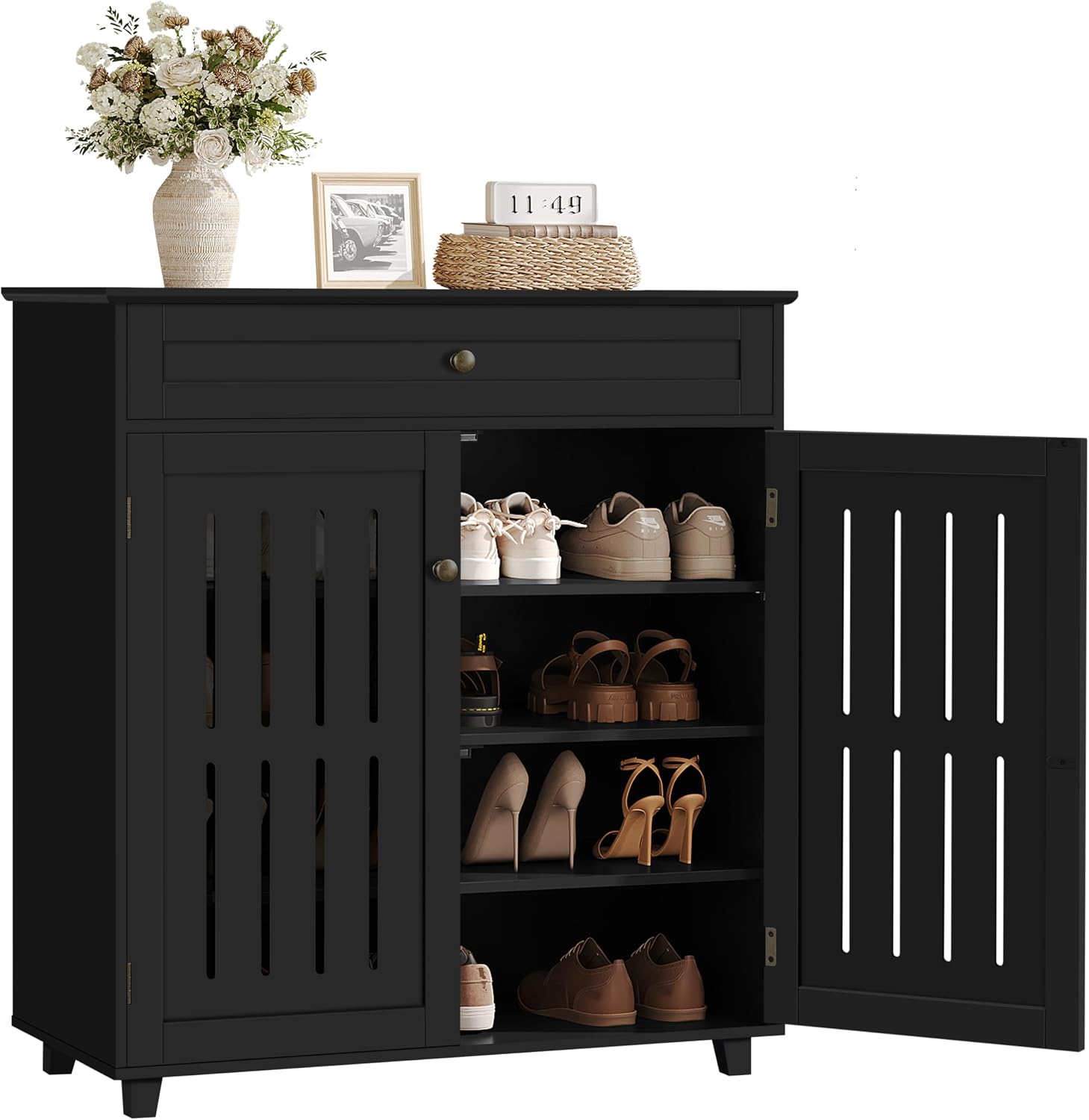 Black 4-Tier Shoe Cabinet With Drawer