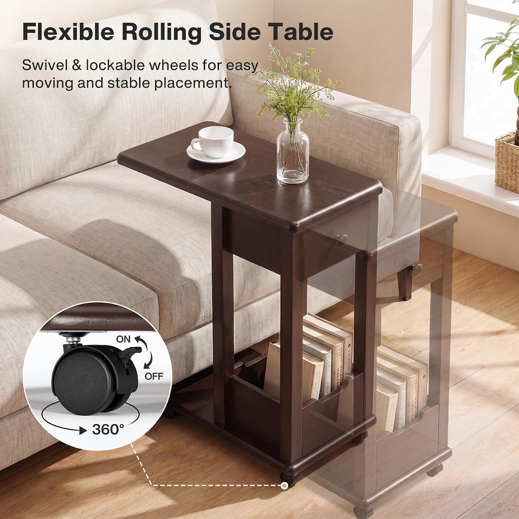 Walnut 2-Tier Rolling C Side Table 2PCS
