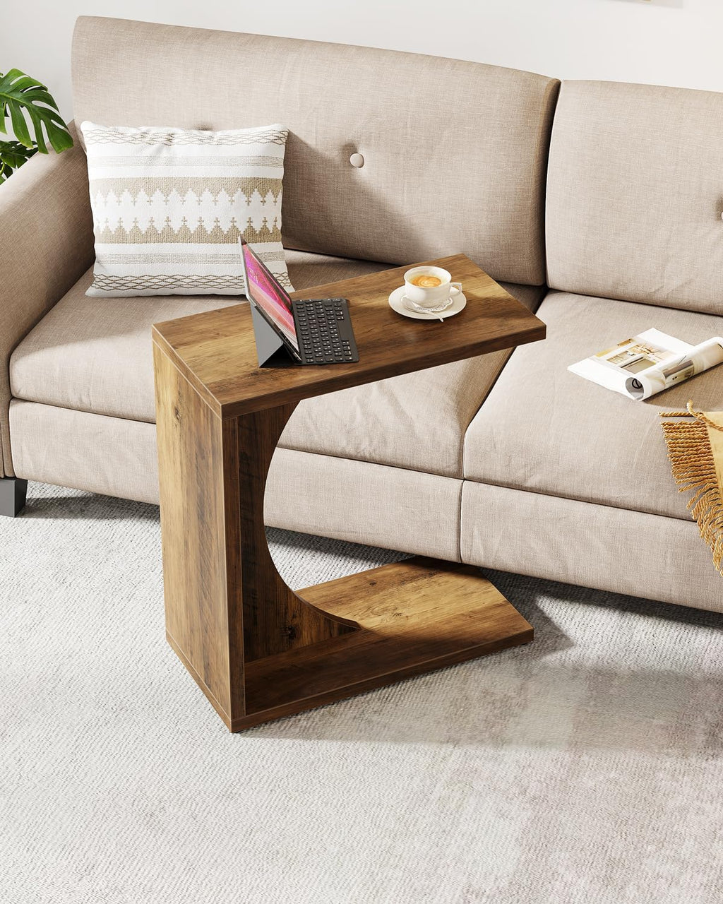 Brown C Shaped Sofa Side Table