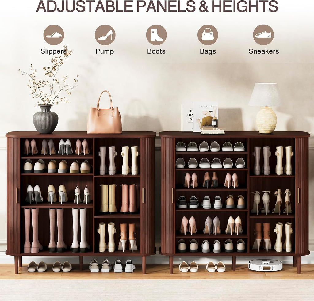 47in Walnut Sliding Door Shoe Cabinet