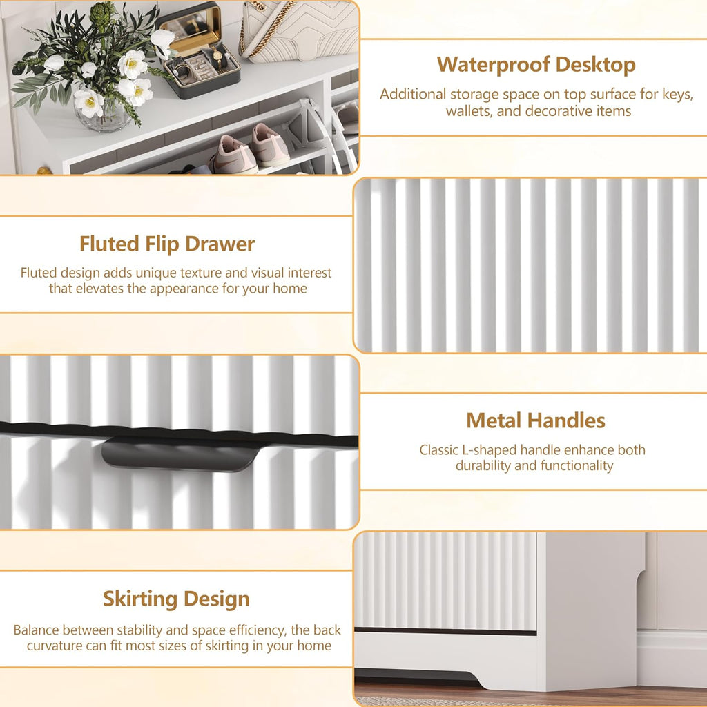 White Fluted 4 Flip Drawers Narrow Shoe Cabinet
