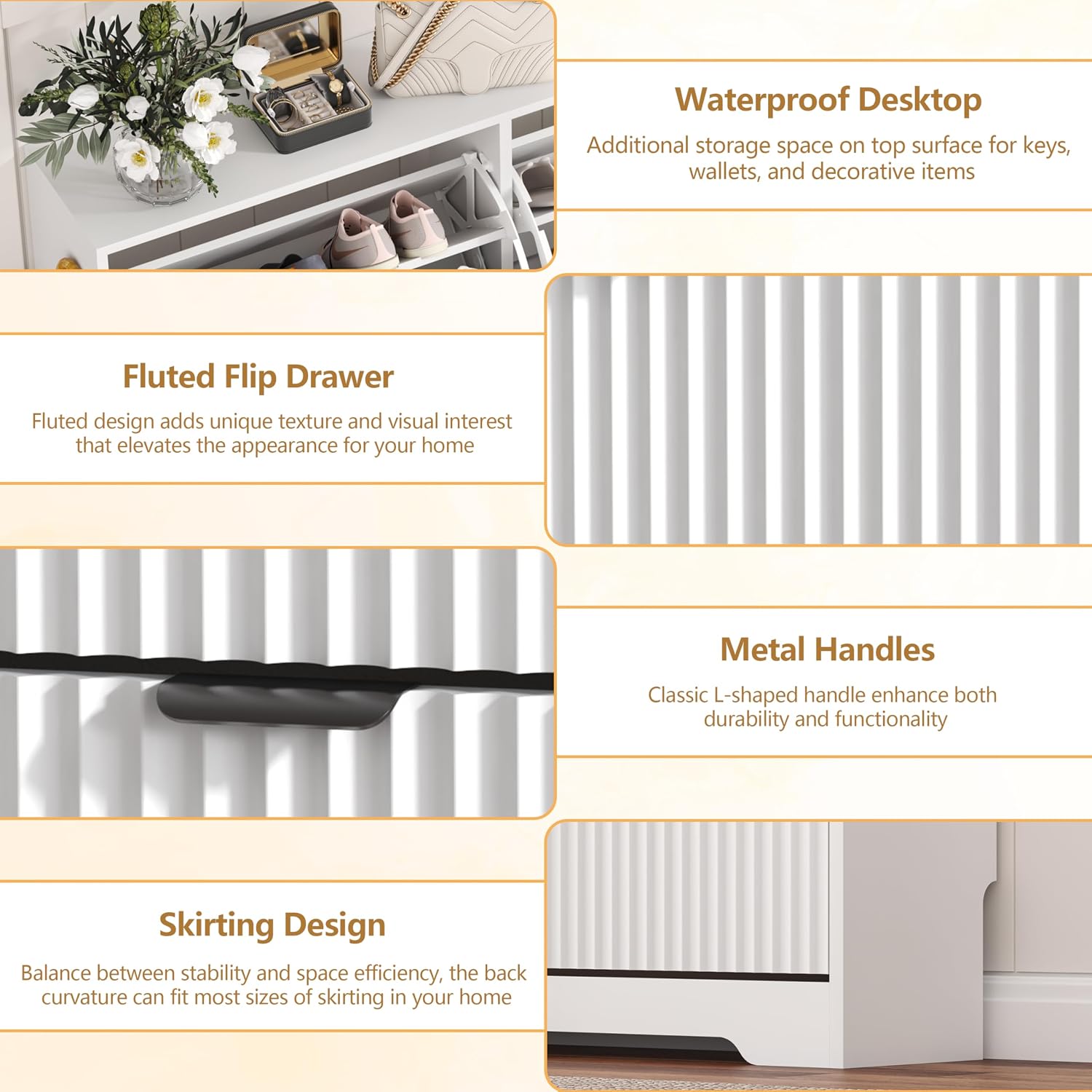 White Fluted 4 Flip Drawers Narrow Shoe Cabinet