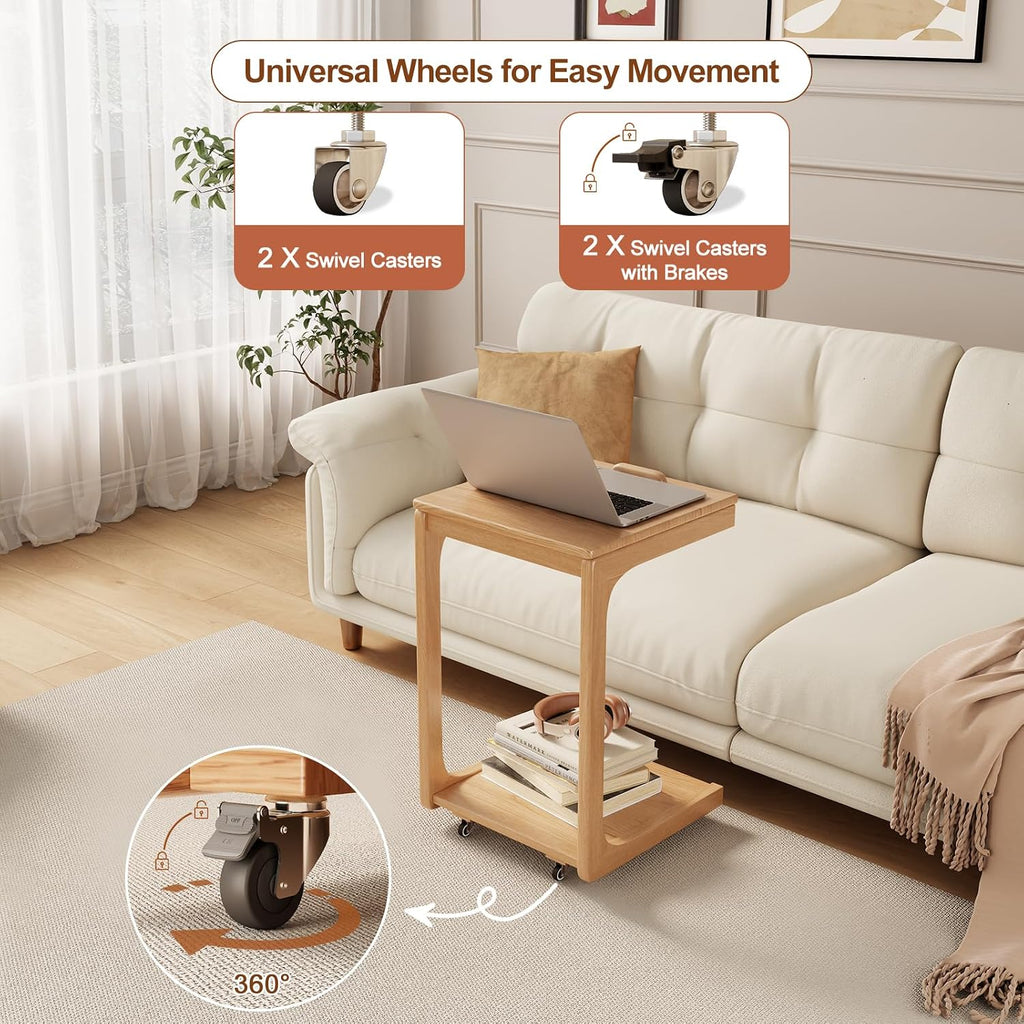 Natural Wood Rolling Adjustable C Side Table