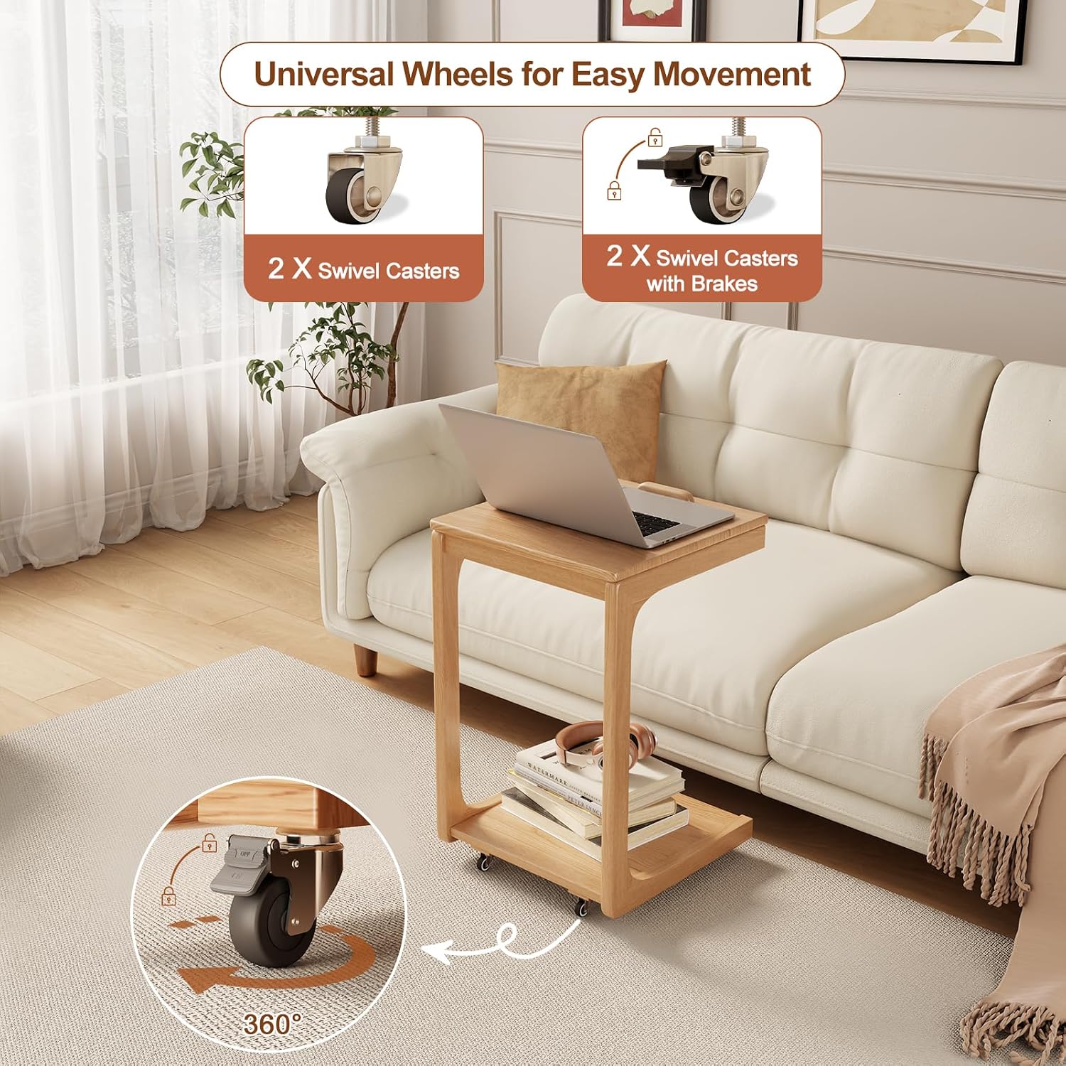 Natural Wood Rolling Adjustable C Side Table