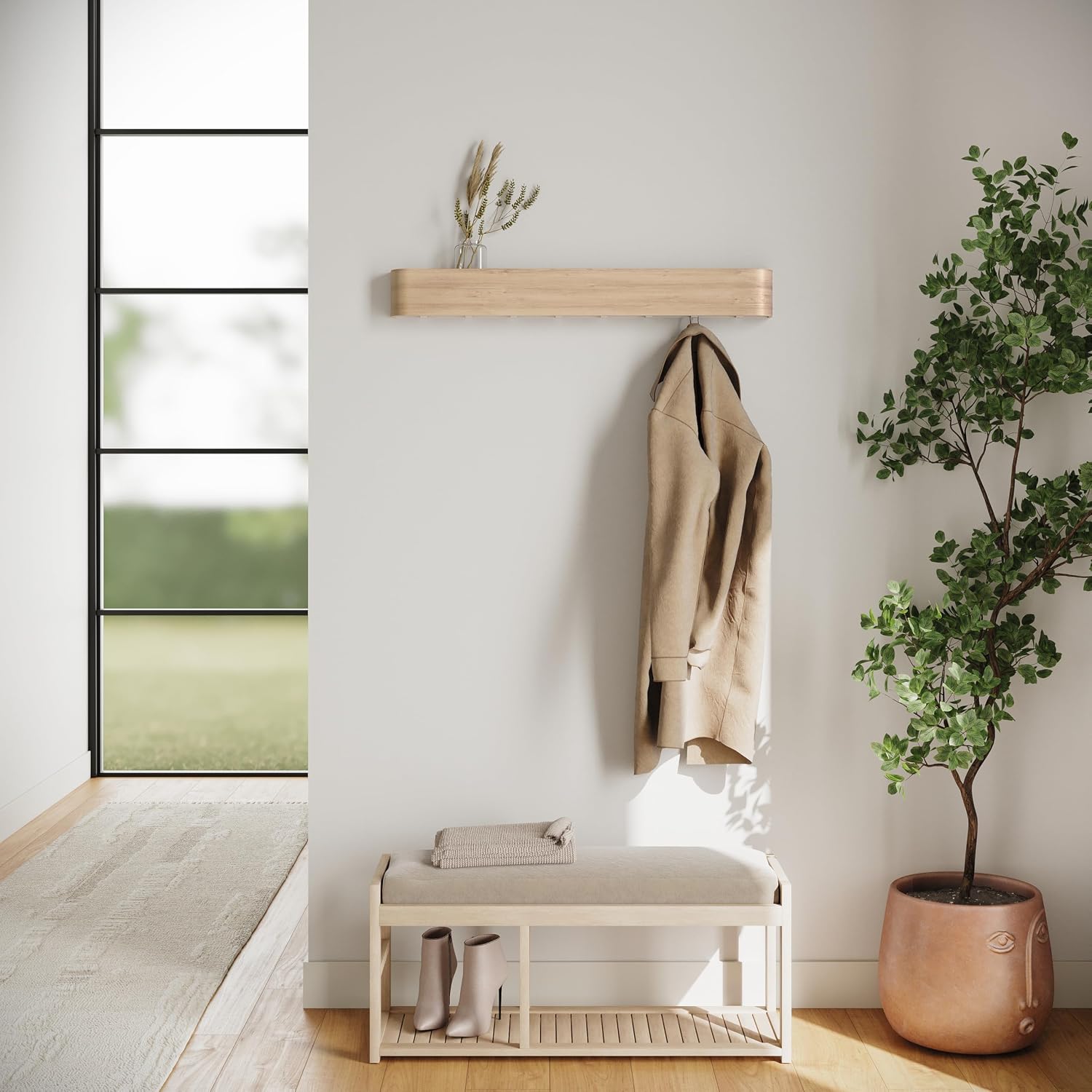 Oak White Hidden Hook Wall Coat Rack